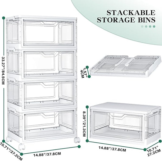 Clear Storage Bins with Lids - 4 Tier Plastic Bins with Wheels, Stackable Storage Bin, Closet Organizers Box for Bedroom, Living Room, 23 QT Folding Box with Magnetic door