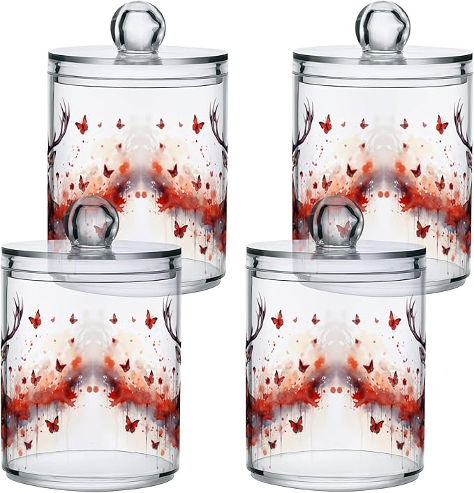 MNSRUU 4 Pack Qtip Holder Organizer Dispenser Deer Butterflies Pink Bathroom Storage Canister Cotton Ball Holder Bathroom Containers for Cotton Swabs/Pads/Floss