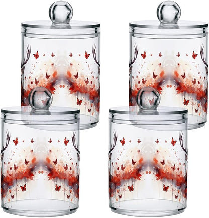 MNSRUU 4 Pack Qtip Holder Organizer Dispenser Deer Butterflies Pink Bathroom Storage Canister Cotton Ball Holder Bathroom Containers for Cotton Swabs/Pads/Floss