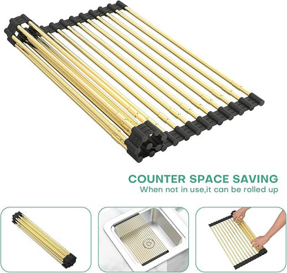 AXIMIXAME Expandable Large Draining Rack, Roll Up Heat-Resistant Dish Drainer for Stainless Steel Sinks, Collapsible Over The Sink Rack Non-Slip Silicone Rolling Up Rack Gold 18 Tube