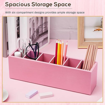 Jetec Wooden Pencil Pen Holder for Desk 6 Compartments Wood Office Desk Organizers for Countertop Adjustable Makeup Brush Organizer Silverware Caddy for Party, Home, Art Supplies(Pink)