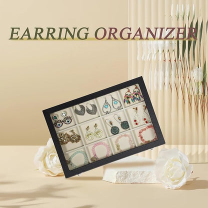 Stratalife Jewelry Organizer Bracelet Holder Organizer Box Earring Storage Drawer Jewelry Display Anti Tarnish Ring Holder For Women Girls 12 Grid (Beige Black)