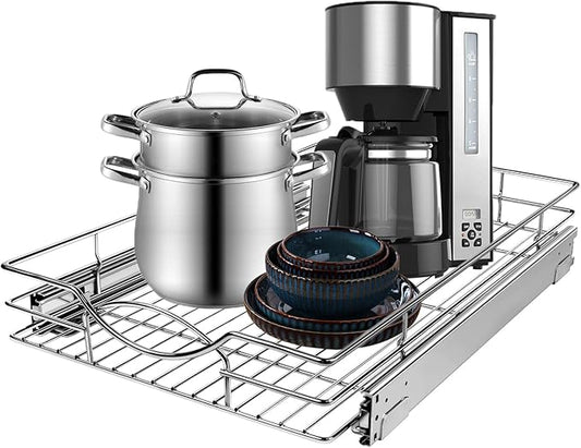 Pull Out Cabinet Organizer 11" W x 21" D, Heavy Duty Kitchen Cabinet Pull Out Shelves, Slide Out Wire Basket for Kitchen Cabinets, Bathroom, Pantry, Chrome Finish