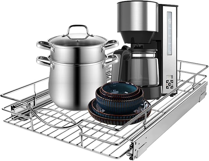 Pull Out Cabinet Organizer 23" W x 21" D, Heavy Duty Kitchen Cabinet Pull Out Shelves, Slide Out Wire Basket for Kitchen Cabinets, Bathroom, Pantry, Chrome Finish
