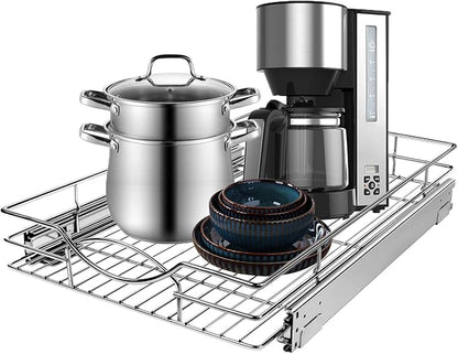 Pull Out Cabinet Organizer 23" W x 21" D, Heavy Duty Kitchen Cabinet Pull Out Shelves, Slide Out Wire Basket for Kitchen Cabinets, Bathroom, Pantry, Chrome Finish