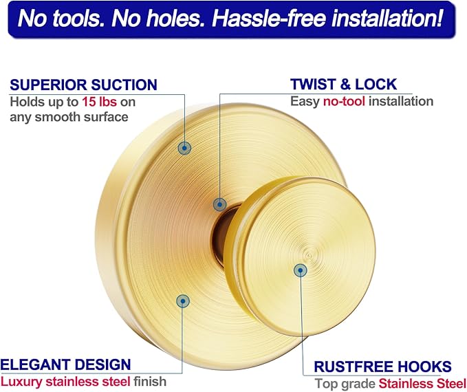 Bntuk Suction Cup Hooks for Shower, Removable Towel Hooks for Bathroom Window Glass Door Wall, Bath Robe Looafh Hook for Hanging - 4 Pack, Gold1