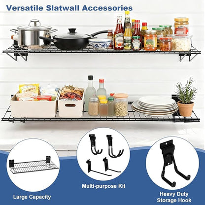 20PCS Slatwall Accessories Set, Includes 2 Pack Slatwall Wire Shelves (24 inches Width) and 18 Pack Heavy Duty Multisize Slatwall Hooks for Garage Organization, Retail Display (24 Inch)
