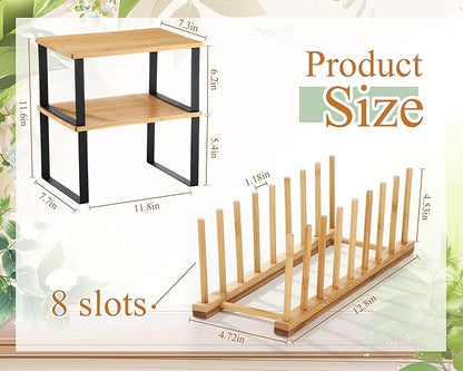 Marsui 4 Pcs Kitchen Organizer Accessories Set Cabinet Organizer Shelf and Bamboo Dish Drying Plate Rack Counter Shelves Storage Holder for Spice Rack, Dish, Pot Lid, Bowl, Cup(Light Color)