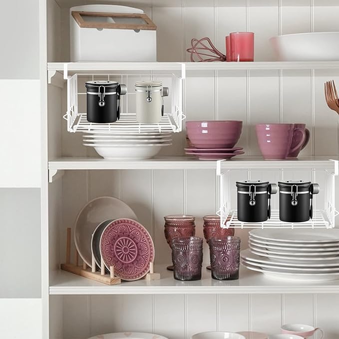 Under Shelf Basket Storage 2Pack, Steel Under Shelf Hanging Wire Baskets Shelves for Laundry Room Kitchen Desk Pantry Bookshelf, White