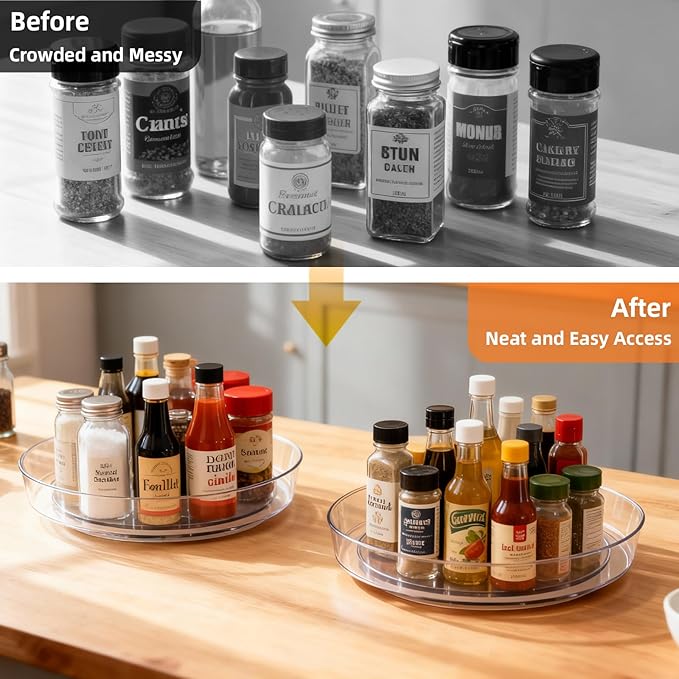 Lazy Susan Turntable for Spice Organization | Clear BPA-Free Plastic Rotating Organizer for Kitchen Cabinet, Pantry, Countertop, Fridge | 360-Degree Rotating Base (10 inch - 2 Pack)