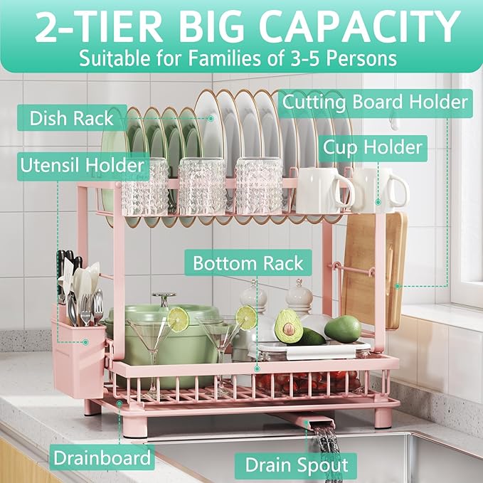 Nfnoyp Multifunctional Dish Drying Rack - Rustproof, 2-Tier Dish Racks with Drainboard, Space-Saving Design, Utensil & Cup Holder for Kitchen Counter, Pink