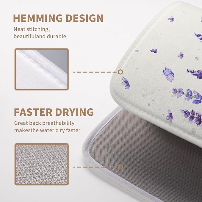 Purple Lavender Dish Drying Mat for Kitchen Counter Spring Summer Flower Floral Dishes Drainer Mats Absorbent Microfiber Dish Drying Pad Washable Dish Draining Mat Medium 16x18 Inch