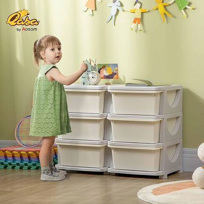 Qaba 3 Tier Kids Storage Unit, Toy Organizers and Storage with 6 Drawer Chest for Kids Bedroom Nursery Kindergarten Living Room for Boys Girls Toddlers, Cream White