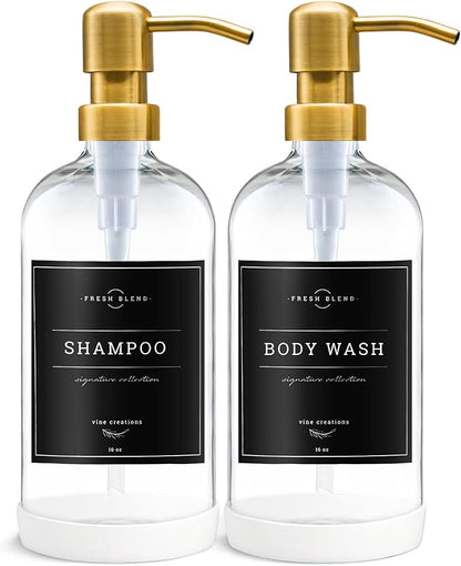 Vine Creations Glass Soap Dispenser, 2 Pack Kitchen Soap Dispenser Set with Stainless Steel Pump, 16 oz Dish Soap and Hand Soap Dispensers for Bathroom with Waterproof Labels (Clear)