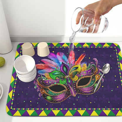 Wnoesat Mardi Gras Dish Drying Mat for Kitchen Counter Masquerade Mask Feather Drying Mats Absorbent Reversible Microfiber Washable Draining Pad Washable Dry Mat 18x24 Inch