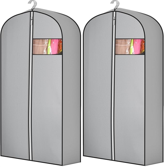 2 Pcs 10" Gusseted Garment Bags for Hanging Clothes Dress Bags for Gowns Long Closet Waterproof Garment Covers Wedding Dress Cover Traveling Clothes Protector(Gray,43 Inch)