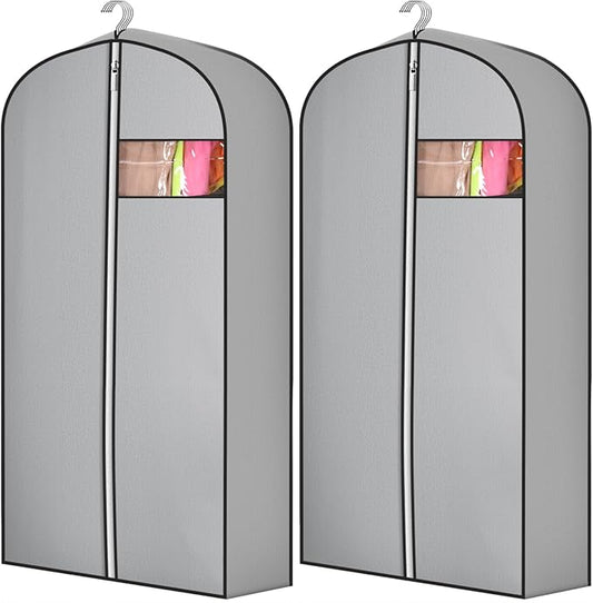 2 Pcs 10" Gusseted Garment Bags for Hanging Clothes Dress Bags for Gowns Long Closet Waterproof Garment Covers Wedding Dress Cover Traveling Clothes Protector(Gray,43 Inch)