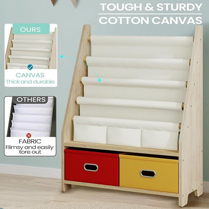 4 Tier Kids Book Shelf, Wooden Kids Book Rack Storage Bookshelf with Toy Storage Organizer, Toddler Sling Bookshelf for Boys, Girls, Play Room, Nursery, Red/Yellow