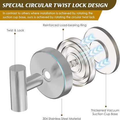 MOTAIPEAK Suction Cup Hooks for Shower,Heavy Duty Shower Towel Suction Hooks,No Drill Wall Mounted Towel Hooks for Bathrooms Wall,Kitchen,Glass,Mirror,Tile to Hang Towels,Robes,Coat-Silver(2 Pack)