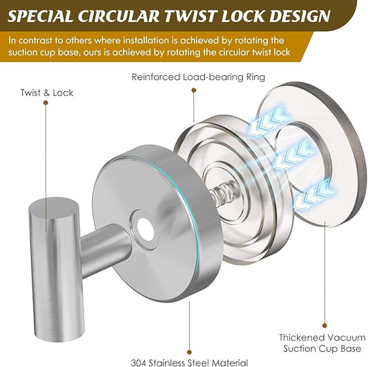 MOTAIPEAK Suction Cup Hooks for Shower,Heavy Duty Shower Towel Suction Hooks,No Drill Wall Mounted Towel Hooks for Bathrooms Wall,Kitchen,Glass,Mirror,Tile to Hang Towels,Robes,Coat-Silver(2 Pack)