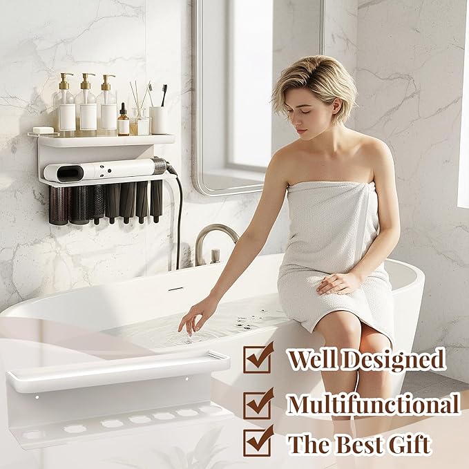 Wall Mount Holder for Hair Dryer Styler, White Storage Rack Organizer for Hair Curling Iron & Attachments – Space-Saving Bathroom Bracket Stand, No-Drill Installation