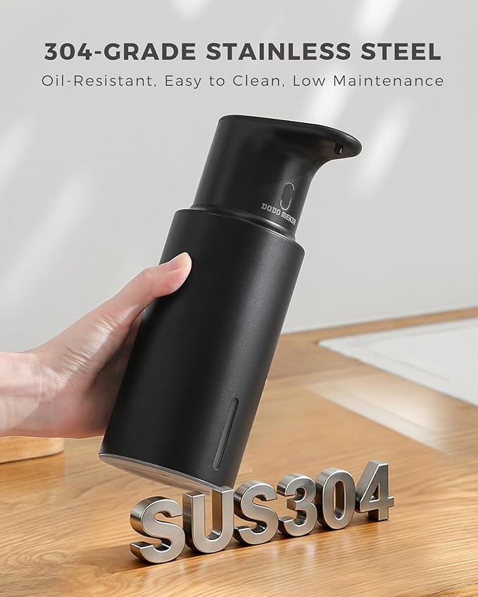 DODO MEKIA Automatic Liquid Soap Dispenser Touchless, 304 Stainless Steel Bottle Body &16.2oz/480ml Rechargeable, 3 Adjustable Liquid Levels, IPX7 Waterproof, for Kitchen Bathroom, Black