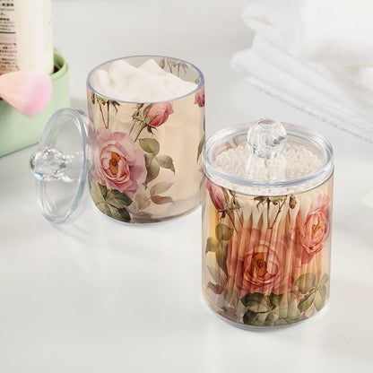 MNSRUU 2 Pack Qtip Holder Organizer Dispenser Floral Rose Pink Bathroom Storage Canister Cotton Ball Holder Bathroom Containers for Cotton Swabs/Pads/Floss