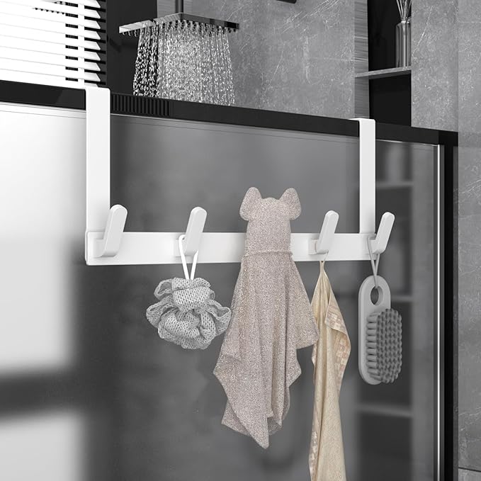 CHAUNCEY HOME Over The Door Hooks Hanger, Heavy Duty Rack for Winter Coat, Fits 1 3/8" Doors, L7U - Bathroom Accessories and Towel Organizer Holder, Glossy White