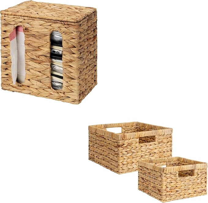 StorageWorks Garbage Bag Dispenser with Lid, Decorative Water Hyacinth Storage Baskets