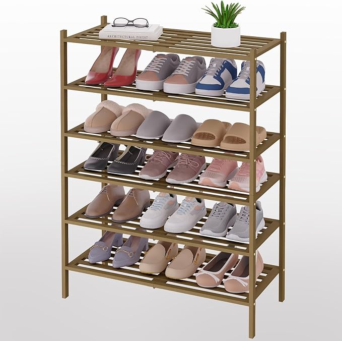 Smiry Bamboo Shoe Rack 6-Tier, Stackable Wooden Shoe Organizer for Entryway & Closet, Free Standing Wood Shoe Storage Shelf for Front Door & Small Spaces, Walnut