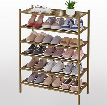 Smiry Bamboo Shoe Rack 6-Tier, Stackable Wooden Shoe Organizer for Entryway & Closet, Free Standing Wood Shoe Storage Shelf for Front Door & Small Spaces, Walnut
