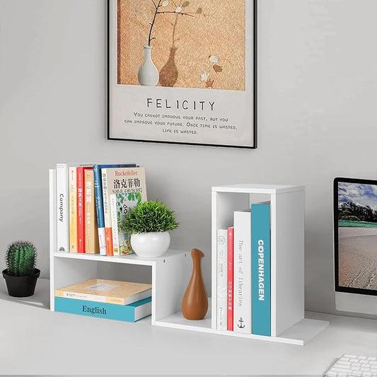 Desktop Shelf Organizer,Adjustable Stackable Office Storage Rack,Wood Display Shelf,White Small Bookshelf for Desktop,Tabletop Desk Shelf,Multipurpose Shelves for Office, Dormitory,Home Decor.