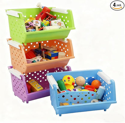 Stackable Storage Bins for Pantry, 4-Pack Open Front Stacking Basket, Muti-Purpose Organizer for Vegetable Fruit