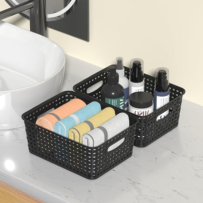 Plastic Shelf Storage Baskets, Plastic Pantry Weave Basket, Black, 12 Packs
