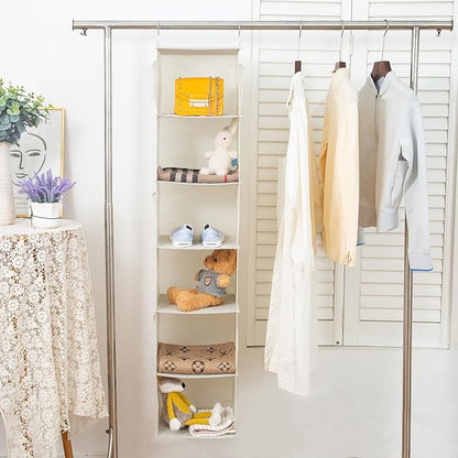 6 Shelves Hanging Closet Organizer, 2 Pack Hanging Storage with 4 Side Pockets for Clothes Shoes, 43.5"x12"x12"(Beige)