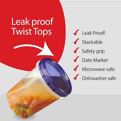 PLASTICPRO 12 Pack Twist Cap Food Storage Containers with Blue Screw on Lid- 32 oz Reusable Meal Prep Containers - Freezer and Microwave Safe Blue Plastic Food Storage
