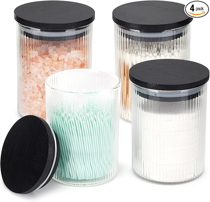 BKYFPQ 4 Pack Glass Qtip Holder Dispenser Set - Apothecary Jars with Lids for Vanity Makeup Organizer - Bathroom Canister Storage Organizer for Cotton Ball, Swab, Round Pads,Floss