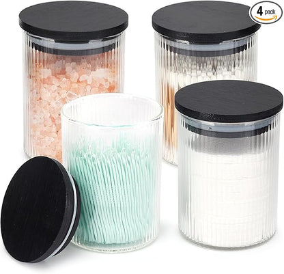 BKYFPQ 4 Pack Glass Qtip Holder Dispenser Set - Apothecary Jars with Lids for Vanity Makeup Organizer - Bathroom Canister Storage Organizer for Cotton Ball, Swab, Round Pads,Floss
