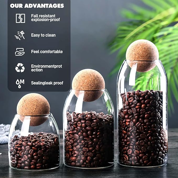 Glass Food Storage Canister, 550ml/19oz Storage Container with Ball Cork, Clear Glass Storage Jar, Sealed Container Canister, for Spices, Sugar, Coffee, Biscuits, Candies