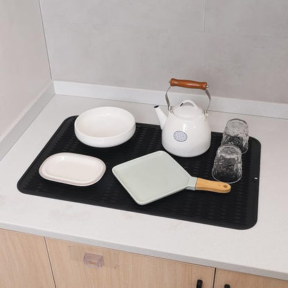 Silicone Dish Drying Mat for Multiple Usage,Easy clean,Eco-friendly,Heat-resistant Silicone Mat for Kitchen Counter or Sink,Refrigerator or Drawer Liner Black 3XL 28 inches x 18 inches