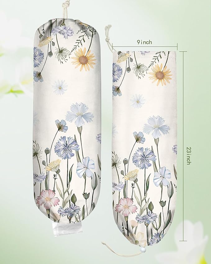 Plastic Bag Holder Organizer - 1 Pack Reusable Canvas Grocery Bags Holder Hanging Wall Cute Aesthetic Shopping Bag Storage Dispenser with Drawstring Closure for Kitchen Home, Color Floral
