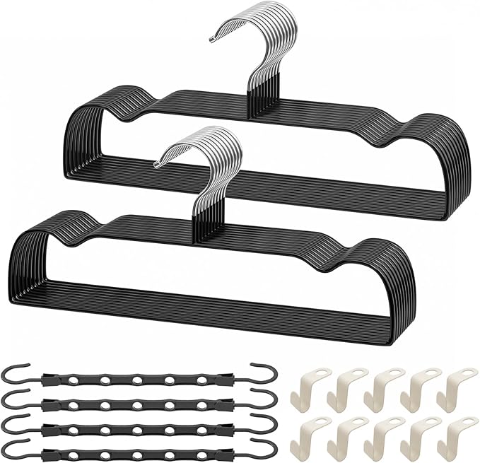 UEAKPIC Black Rubber Coated Metal Pants Hangers 20 Pack with Shoulder Notches, Non-Slip, Heavy Duty, Space Saving Closet Organizer for Slacks, Scarf, Ties, Includes 4 Magic Hangers and 10 Hooks