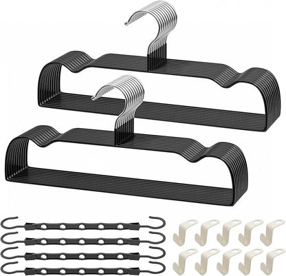 UEAKPIC Black Rubber Coated Metal Pants Hangers 20 Pack with Shoulder Notches, Non-Slip, Heavy Duty, Space Saving Closet Organizer for Slacks, Scarf, Ties, Includes 4 Magic Hangers and 10 Hooks
