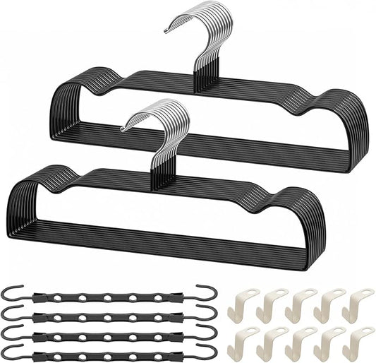 UEAKPIC Black Rubber Coated Metal Pants Hangers 20 Pack with Shoulder Notches, Non-Slip, Heavy Duty, Space Saving Closet Organizer for Slacks, Scarf, Ties, Includes 4 Magic Hangers and 10 Hooks