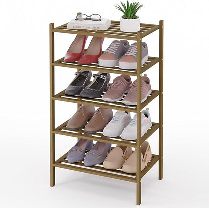 Smiry Small Bamboo Shoe Rack 5-Tier, Stackable Wooden Shoe Organizer for Entryway & Closet, Free Standing Wood Shoe Storage Shelf for Front Door & Small Spaces, Walnut