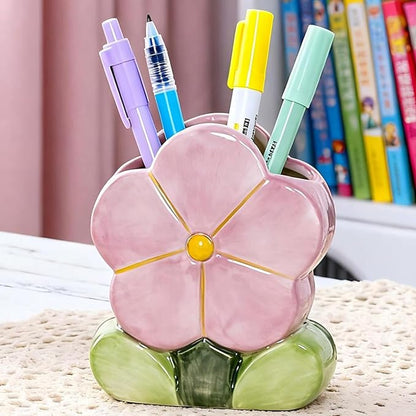 Flower Pencil Holder for Desk Purple Toothbrush Holder Cute Makeup Pen Holders for Office Desk Accessories Aesthetic Home Decor Birthday Gifts for Women Vanity Kawaii Kitchen Utensil Holders