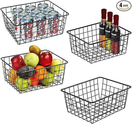 Wire Baskets for Organizing, 4 Pack Household Pantry Basket Black Metal Storage Bins Wire Storage Baskets Metal Baskets for for Home Office Kitchen, Bathroom