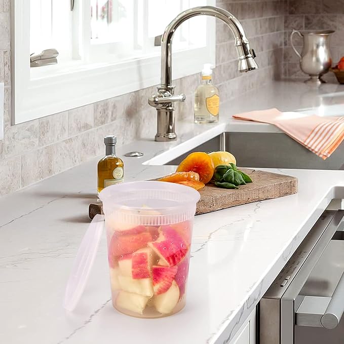 Kitch’nMore 32oz Plastic Deli Food Storage Soup Containers with Airtight Lids, Extra-Thick, Slime, Soup, Leakproof,Stackable,Microwave/Freezer/Dishwasher Safe, BPA Free (24Pack)