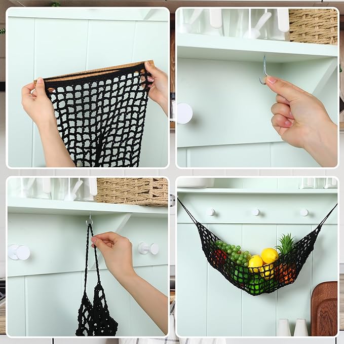 Xuhal 2 Pcs 11.8 x 20 Inch Large Macrame Fruit Hammock Under Cabinet Veggie Banana Hammock Hanging Fruit Basket Saves Counter Space for Kitchen Hand-woven Lace Hanging Basket (Black Style)