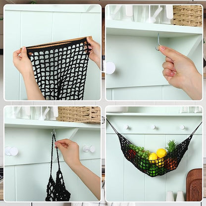 Xuhal 2 Pcs 11.8 x 20 Inch Large Macrame Fruit Hammock Under Cabinet Veggie Banana Hammock Hanging Fruit Basket Saves Counter Space for Kitchen Hand-woven Lace Hanging Basket (Black Style)